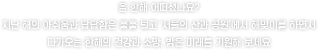 올 한해 어떠셨나요? 지난 해의 아쉬움과 답답함은 훌훌 털고 ‘서울의 산과 공원’에서 해맞이를 하면서
					다가오는 한해의 건강과 소망, 밝은 미래를 기원해 보세요!